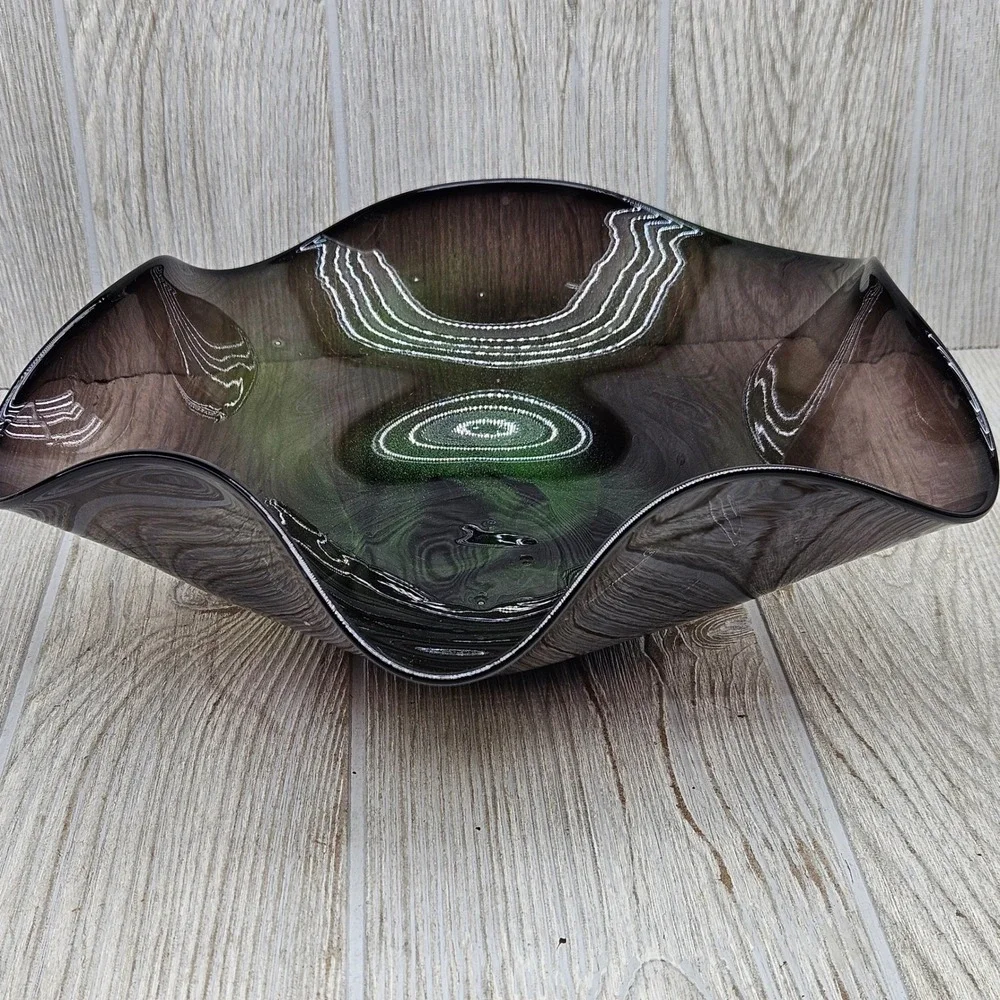 Ward 2004 Signed Studio Art Glass Wavy Bowl Smoky Purple Emerald Green